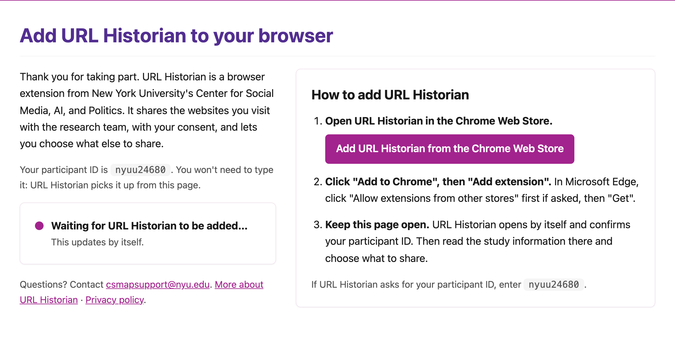 The sign-up page, showing the participant ID, the Chrome Web Store button and a status that updates by itself