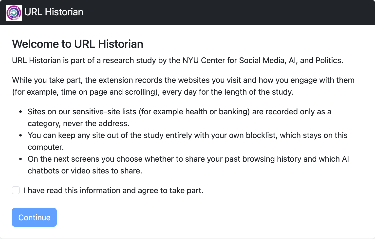 The study information, with a box to tick to agree to take part