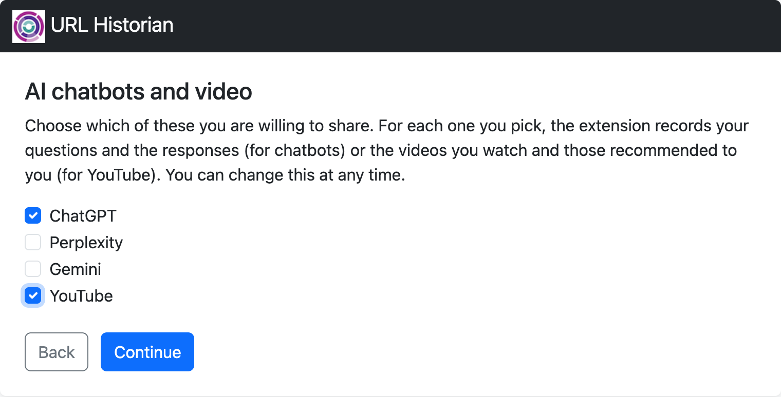 Choices for ChatGPT, Perplexity, Gemini and YouTube