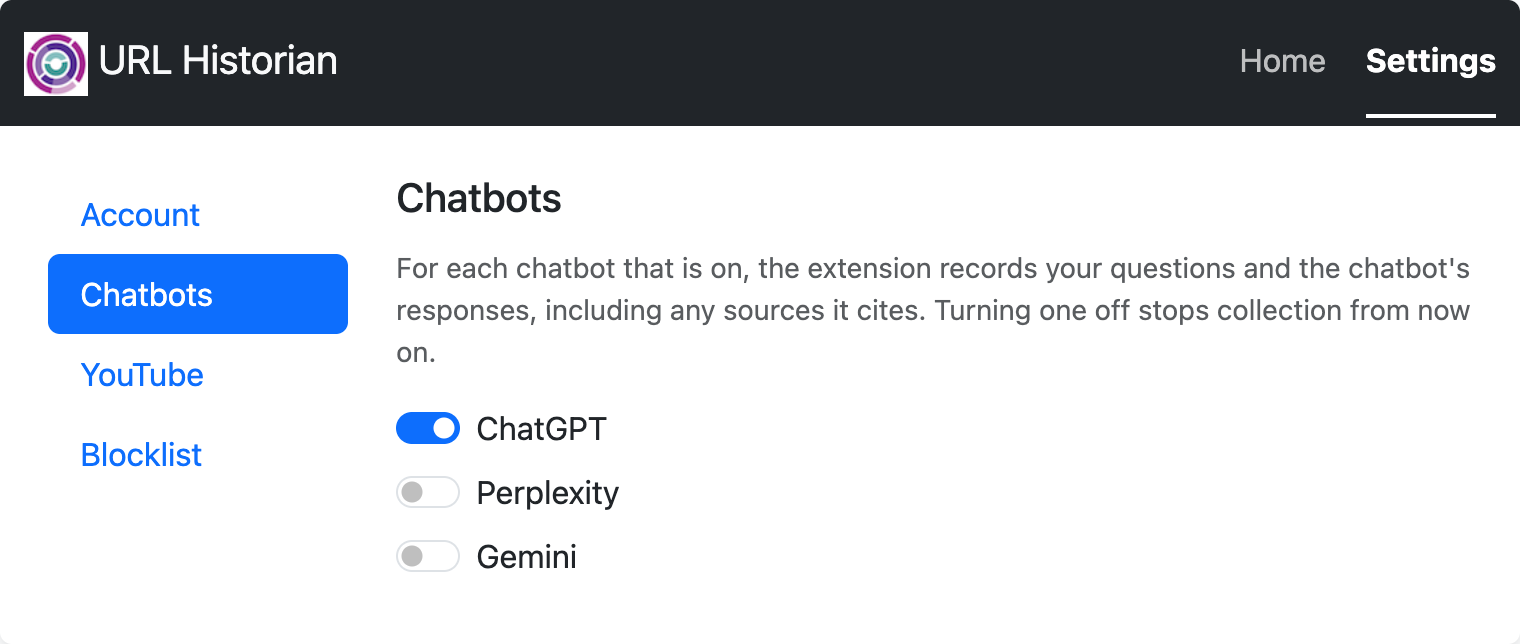 Settings, with switches for each chatbot
