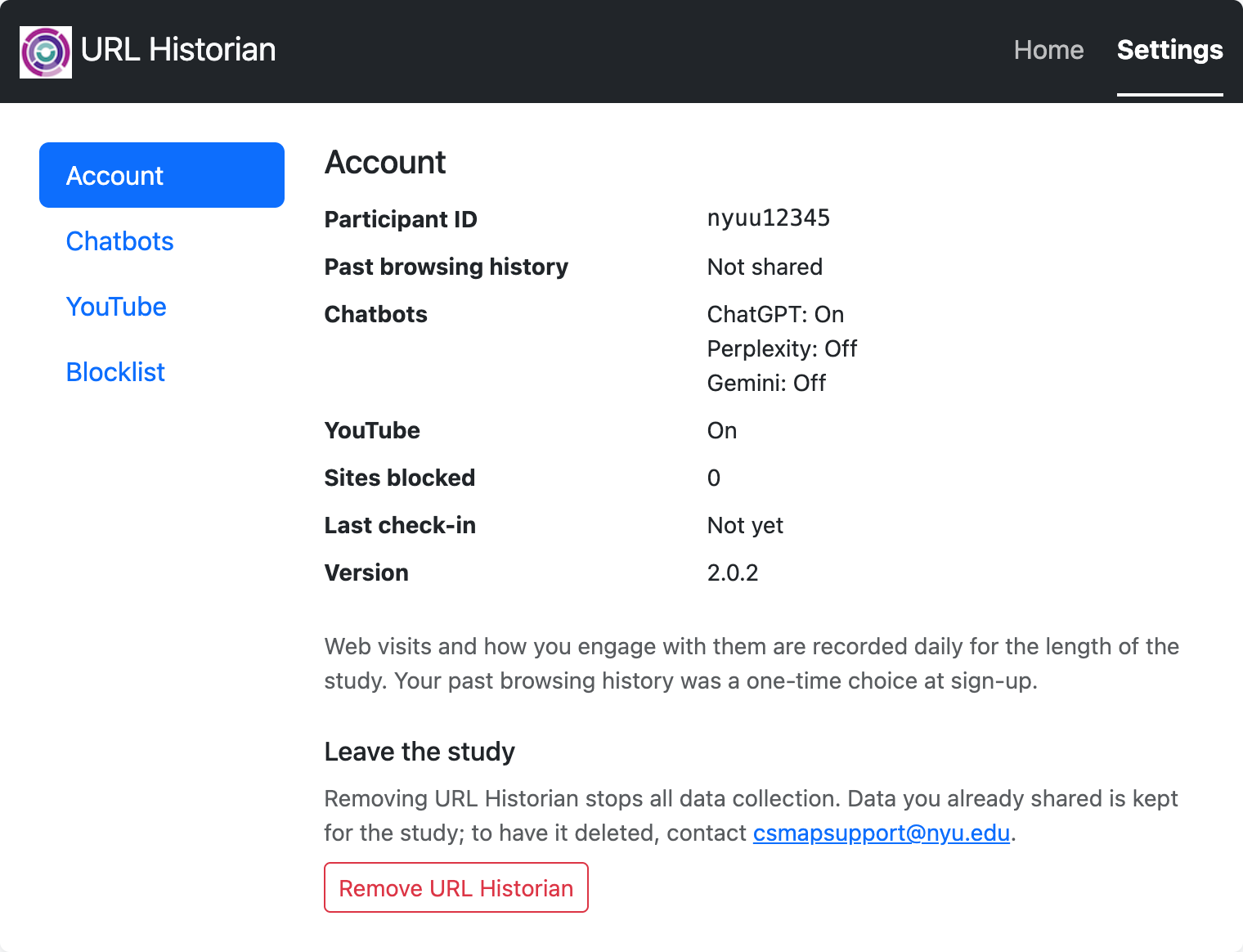 Settings, Account, with the Remove URL Historian button under Leave the study